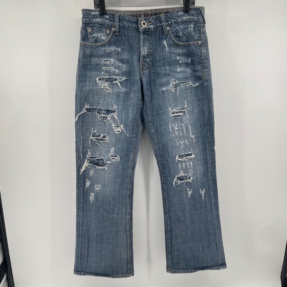 Guess Falcon Slim Boot Jeans Mens 33 Blue Distressed Ripped Denim
